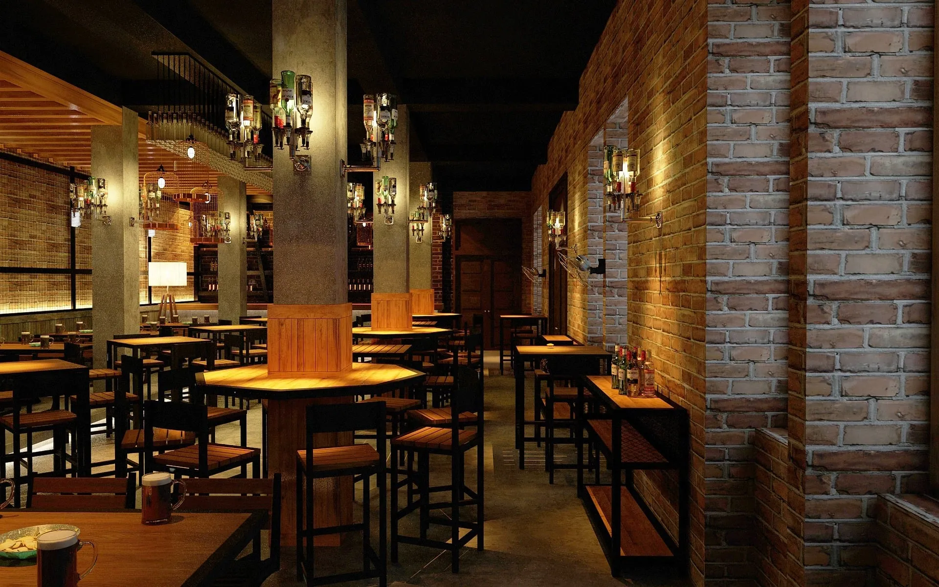 Warm rustic restaurant and bar interior with brick walls