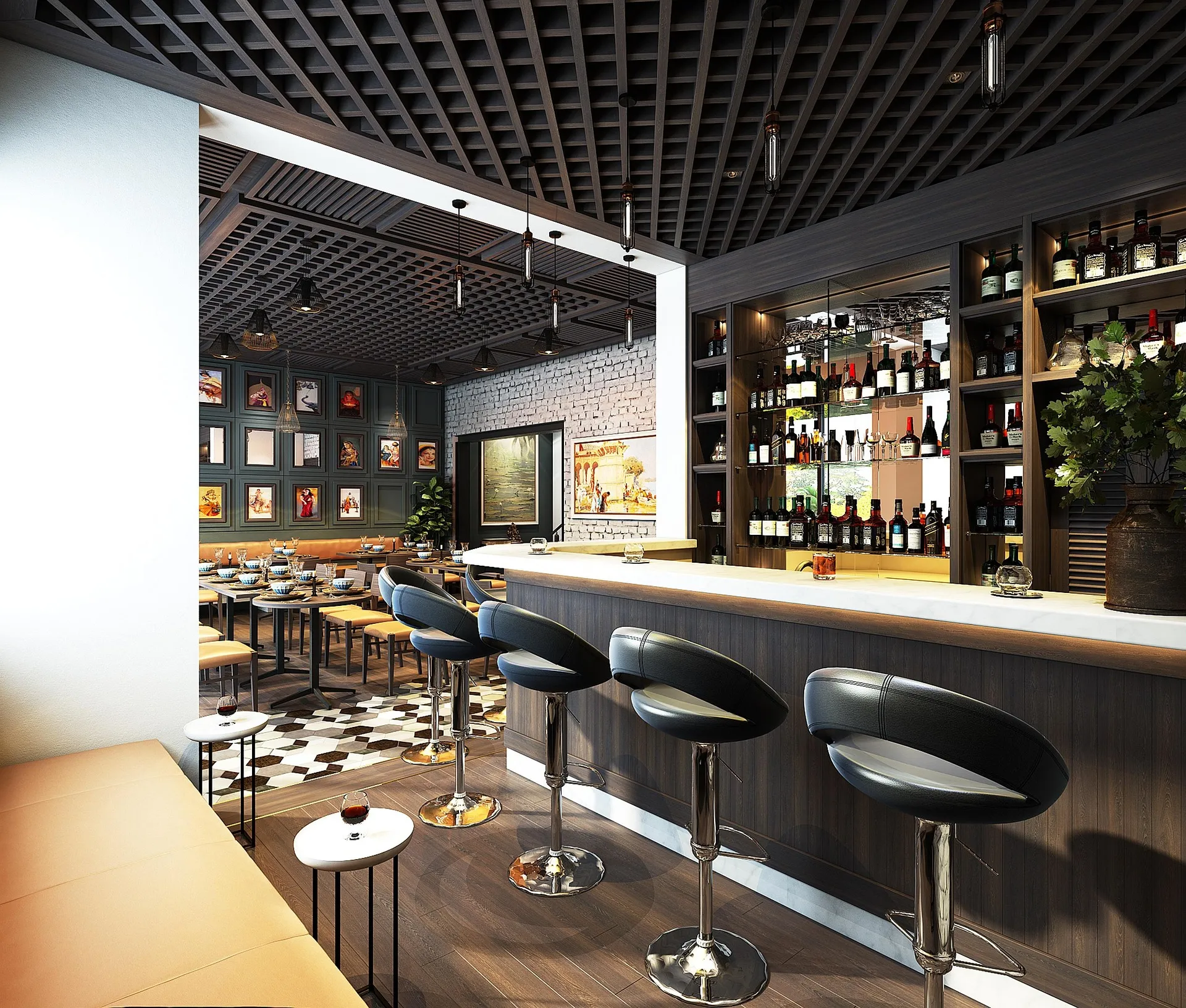 Upscale modern restaurant bar with sleek stools and bottle display